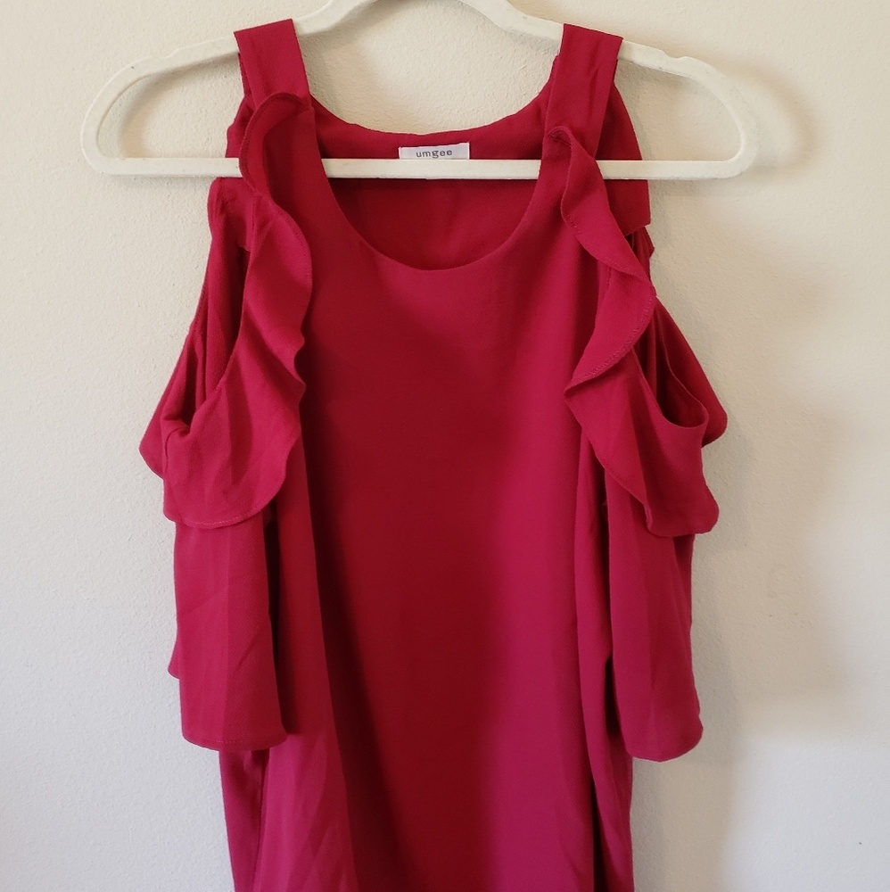 Umgee red Bohemian cold shoulder ruffle tunic